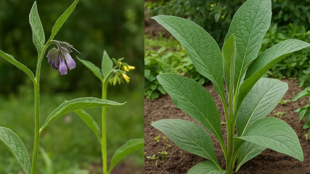 Żywokost lekarski z lewej, rosyjski z prawej. Różnią się przede wszystkim wielkością i ilością liści. Rosyjski dostarcza dużo więcej potasu.