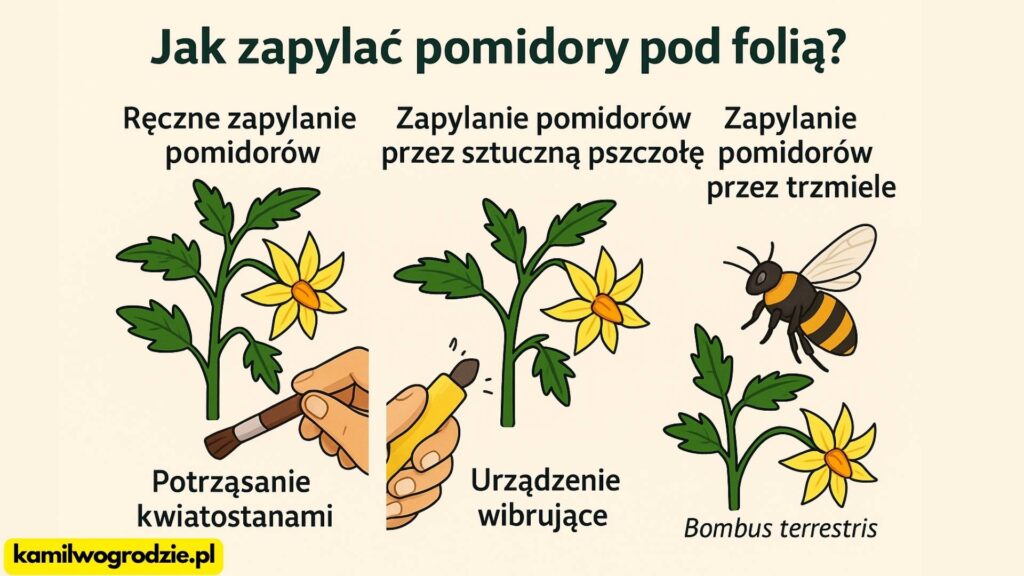 Infografika przedstawia najczęściej stosowane metody zapylania pomidorów w szklarniach i tunelach foliowych. / foto. Kamil w Ogrodzie