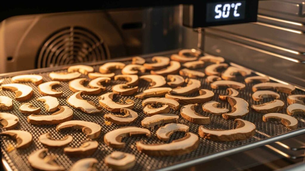 Grzyby można suszyć w piekarniku z funkcją termoobiegu. Ważne, aby drzwiczki były uchylone a temperatura wynosiła najlepiej 50°C