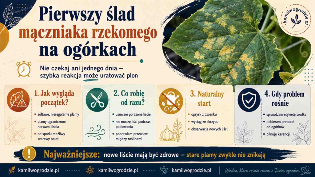 Pierwszy ślad mączniaka rzekomego na ogórkach infografika | foto. Kamil w Ogrodzie