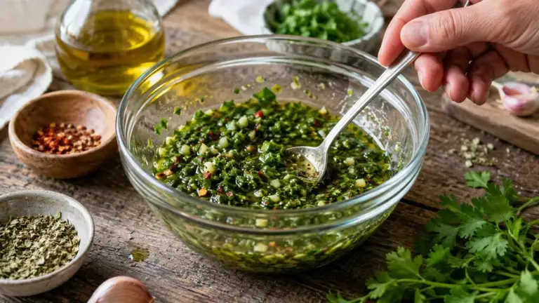 Chimichurri – argentyński sos ziołowy idealny do dań z grilla. Składniki i przepis krok po kroku | Grafika ilustracyjna wygenerowana z użyciem sztucznej inteligencji.