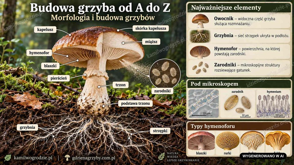 Budowa grzyba od A do Z. Morfologia grzybów od strzępki po zarodniki | foto. AI