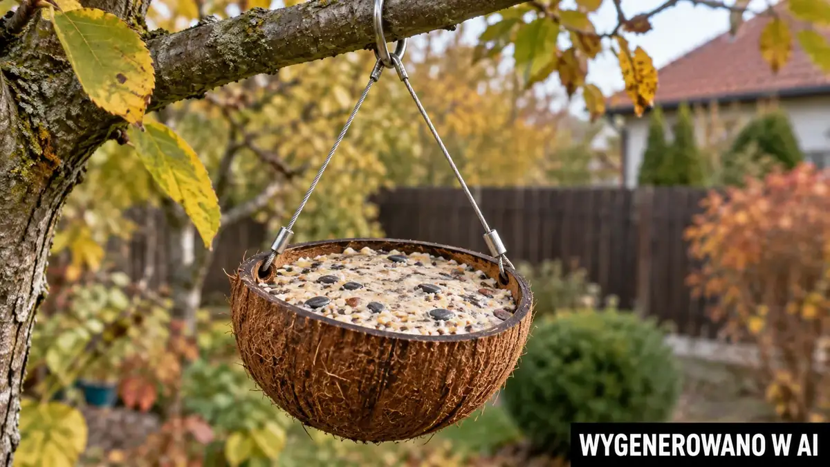 Projekt 3, krok 3: wypełniona łupina zawieszona stabilnie w ogrodzie.