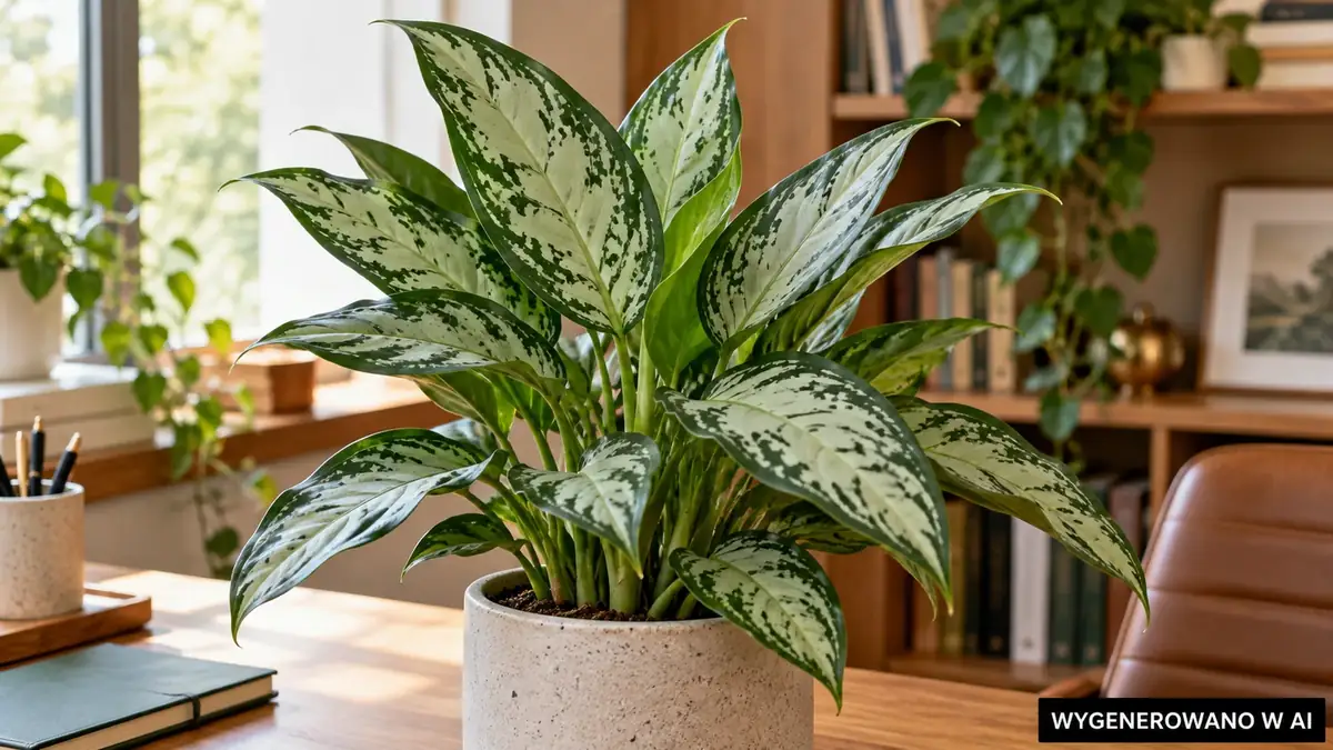 Aglaonema w ciepłym biurze z dostępnym światłem dziennym. Ilustracja wygenerowana w AI. Aglaonema w ciepłym biurze z dostępnym światłem dziennym.