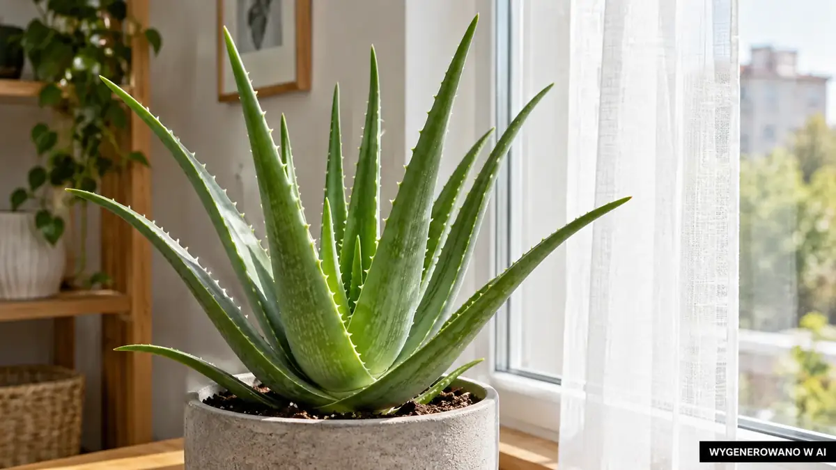 Aloes na jasnym parapecie z dobrym dostępem do dziennego światła. Ilustracja wygenerowana w AI. Aloes na jasnym parapecie z dobrym dostępem do dziennego światła.