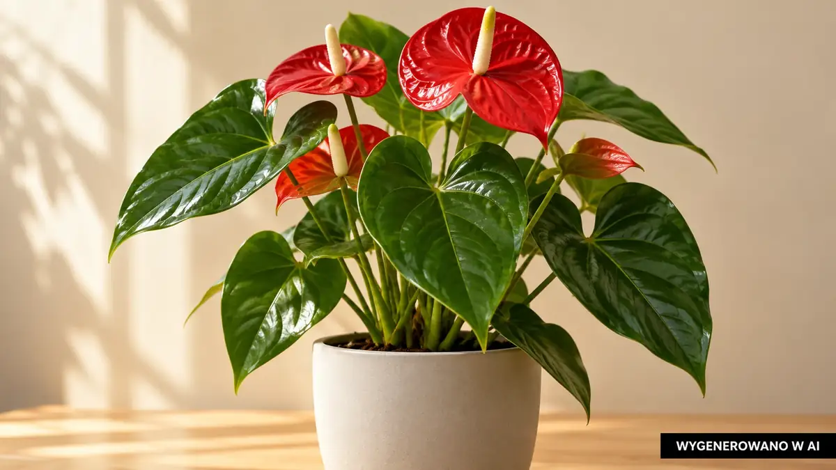 Anturium Andrego. Ilustracja wygenerowana w AI. Anturium Andrego (Anthurium andraeanum) - pielęgnacja, podlewanie, nawożenie i kwitnienie