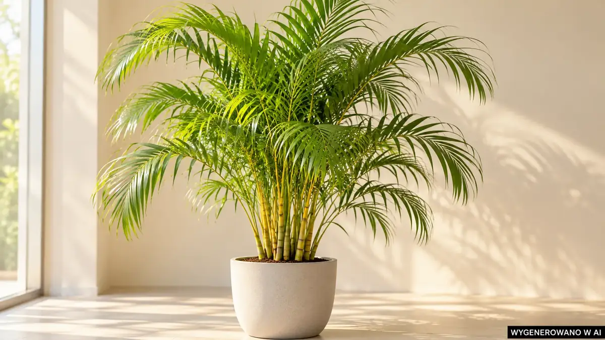 Areka. Ilustracja wygenerowana w AI. Areka (Chrysalidocarpus lutescens) - pielęgnacja, podlewanie, nawożenie i suche liście