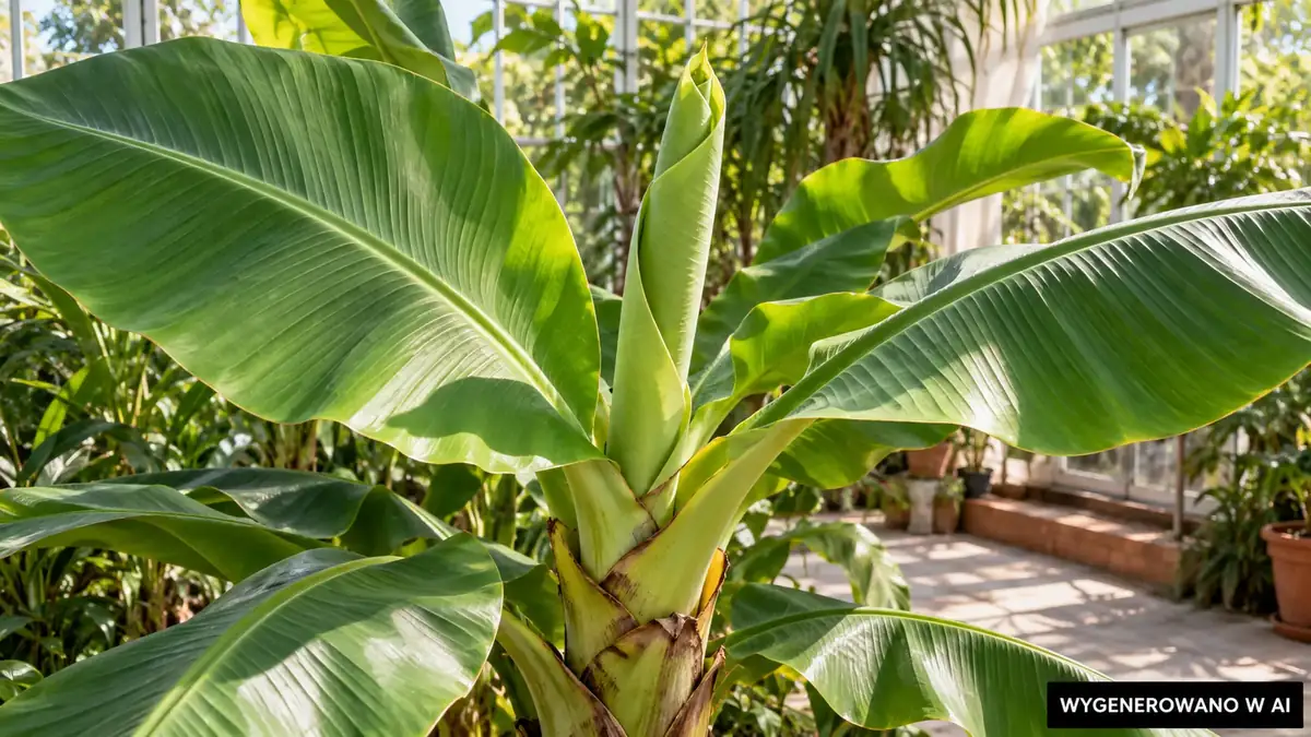Nowy zwinięty liść bananowca rozwijający się w jasnym pomieszczeniu
