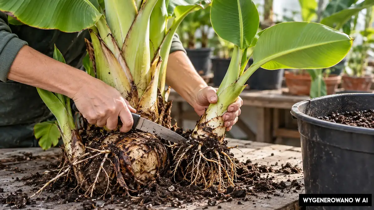 Oddzielanie odrostu bananowca z własnymi korzeniami
