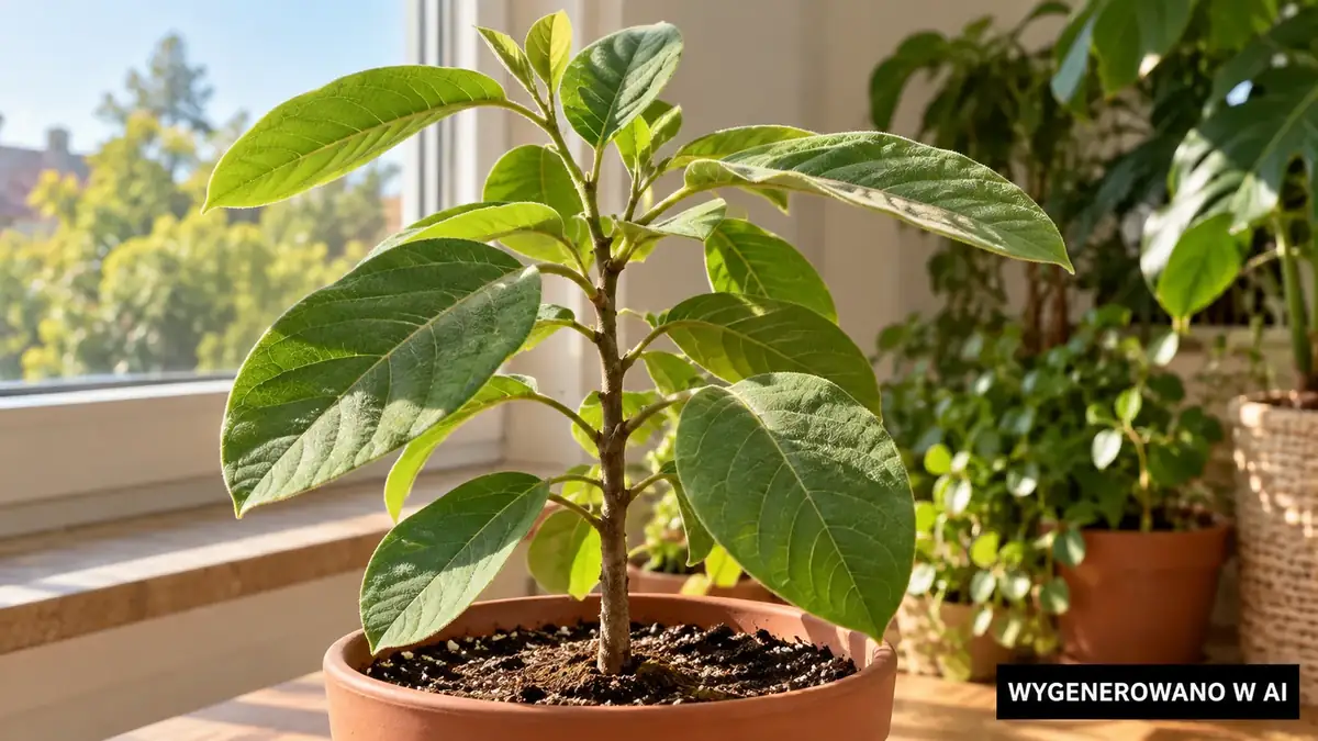 Młoda cherimoya z owalnymi liśćmi w jasnym pomieszczeniu
