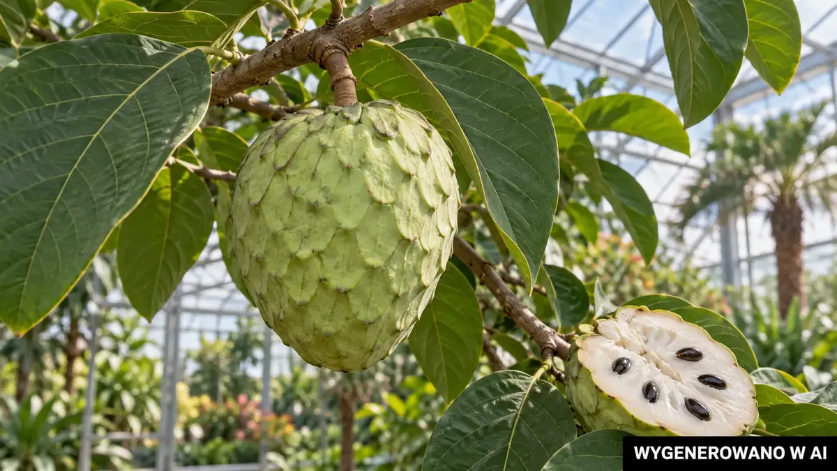 Dojrzewająca cherimoya na gałęzi dużego drzewa