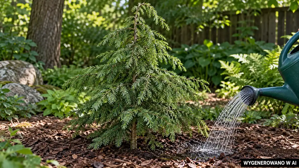 Podlewanie młodej choiny na osłoniętym, lekko zacienionym stanowisku.
