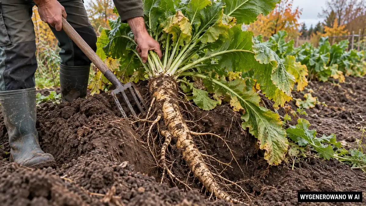 Wykopywanie korzenia chrzanu z boku rozluźnionego rowka za pomocą wideł