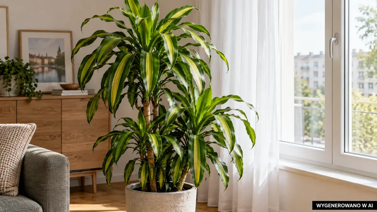 Dracena ustawiona przy jasnym oknie, bez ostrego letniego słońca i przeciągu. Ilustracja wygenerowana w AI. Dracena ustawiona przy jasnym oknie, bez ostrego letniego słońca i przeciągu.