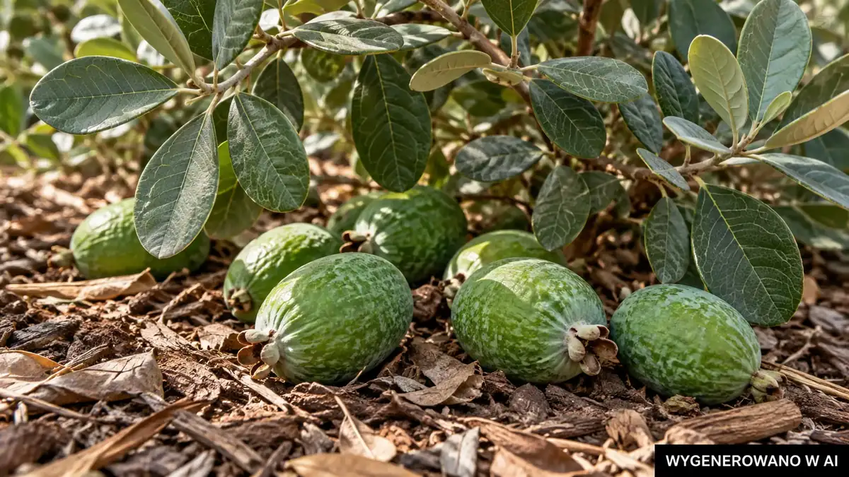 Owoce feijoa na czystej powierzchni pod krzewem