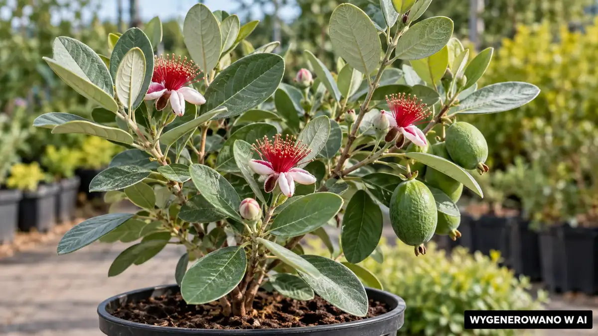 Młoda feijoa z liśćmi o srebrzystym spodzie w doniczce