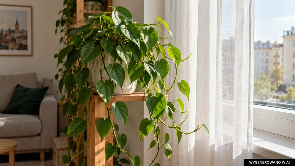 Filodendron na jasnym stanowisku z miejscem na rozwój pędów.