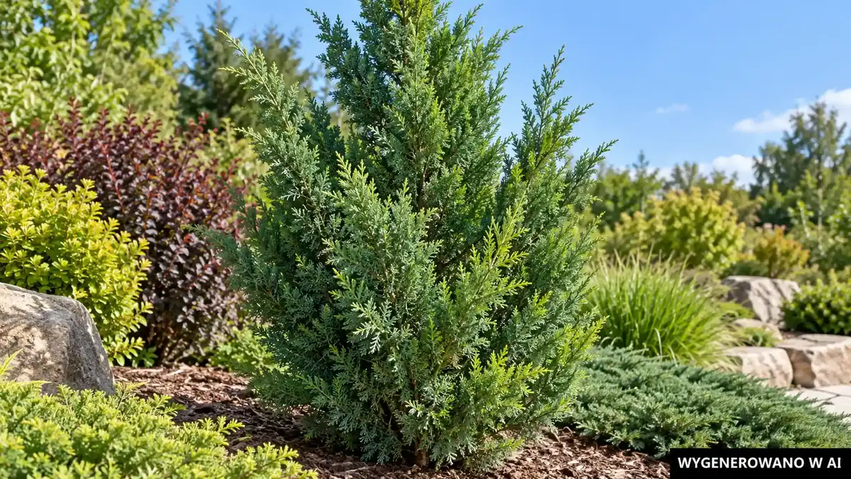 Jałowiec chiński. Ilustracja wygenerowana w AI. Jałowiec chiński (Juniperus chinensis) - odmiany, sadzenie, cięcie i nawożenie