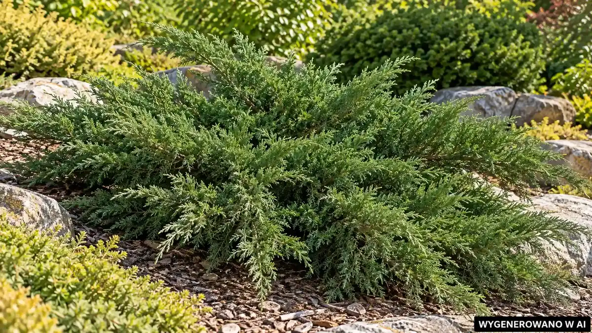 Jałowiec sabiński. Ilustracja wygenerowana w AI. Jałowiec sabiński (Juniperus sabina) - uprawa, pielęgnacja, nawożenie i rdza gruszy