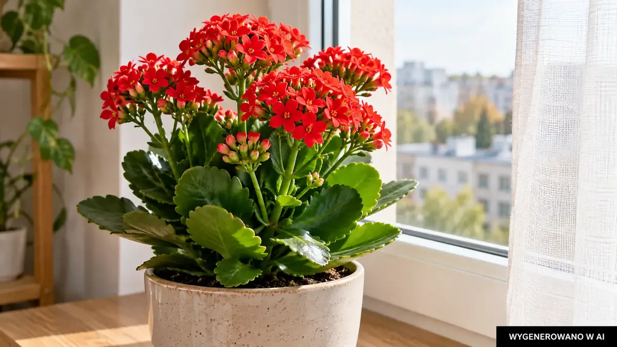 Kalanchoe na jasnym parapecie, z miejscem na dalszy wzrost po kwitnieniu. Ilustracja wygenerowana w AI. Kalanchoe na jasnym parapecie, z miejscem na dalszy wzrost po kwitnieniu.