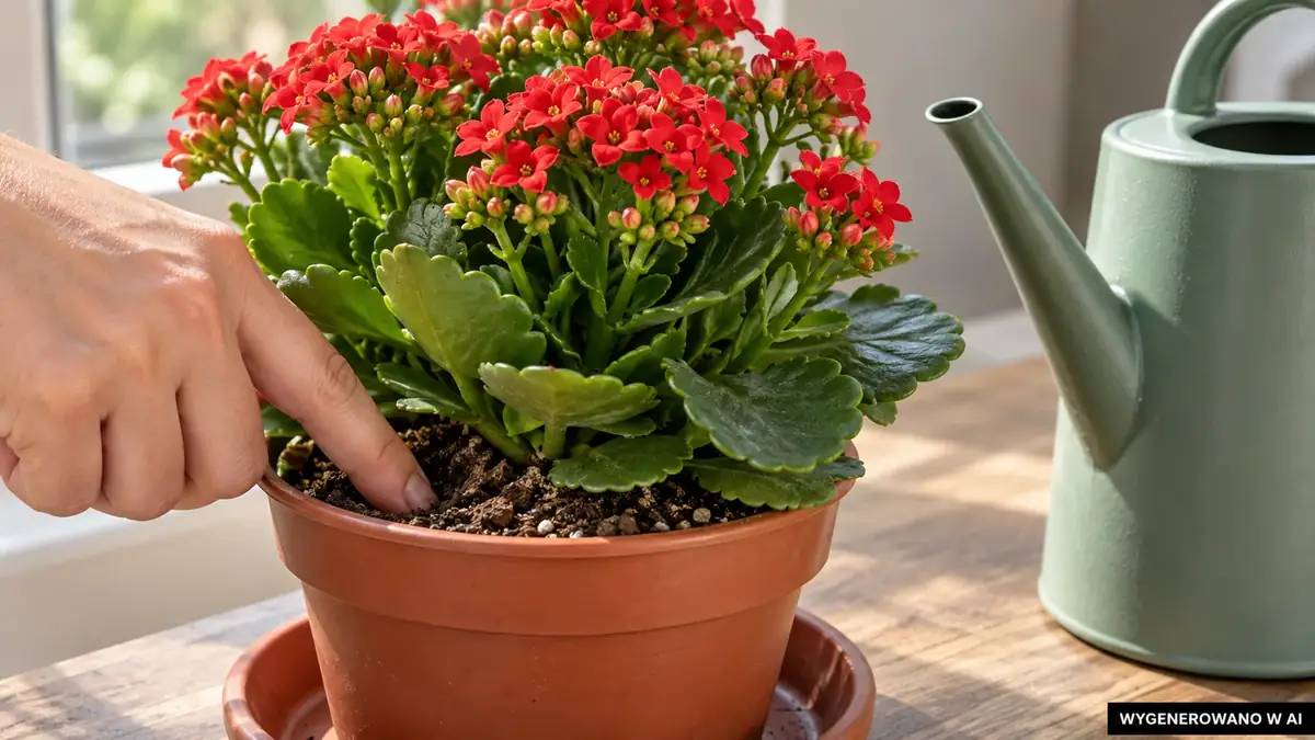 Kontrola wilgotności ziemi kalanchoe przed podlaniem. Ilustracja wygenerowana w AI. Kontrola wilgotności ziemi kalanchoe przed podlaniem.