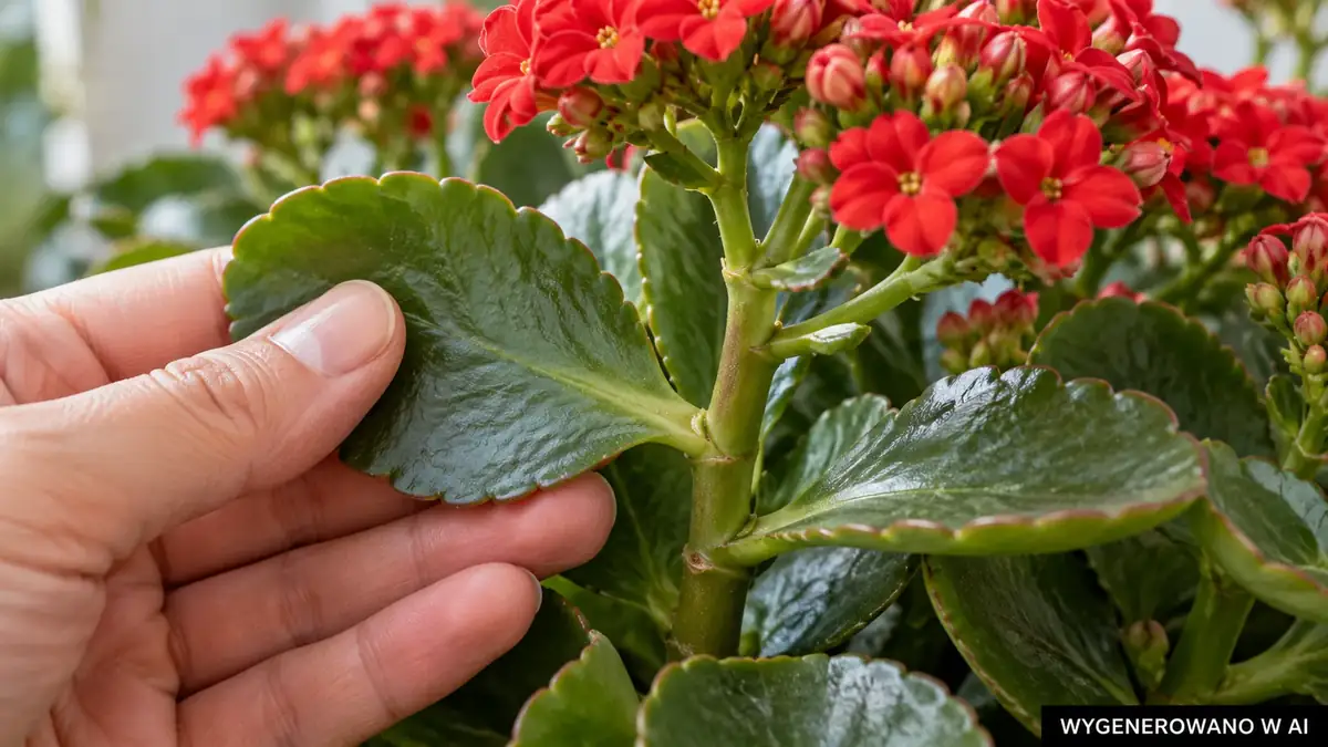 Oględziny liścia kalanchoe i jego karbowanego brzegu. Ilustracja wygenerowana w AI. Oględziny liścia kalanchoe i jego karbowanego brzegu.