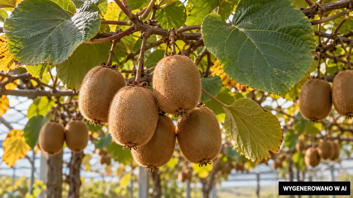 Brązowe owoce kiwi dojrzewające pod liśćmi na pergoli