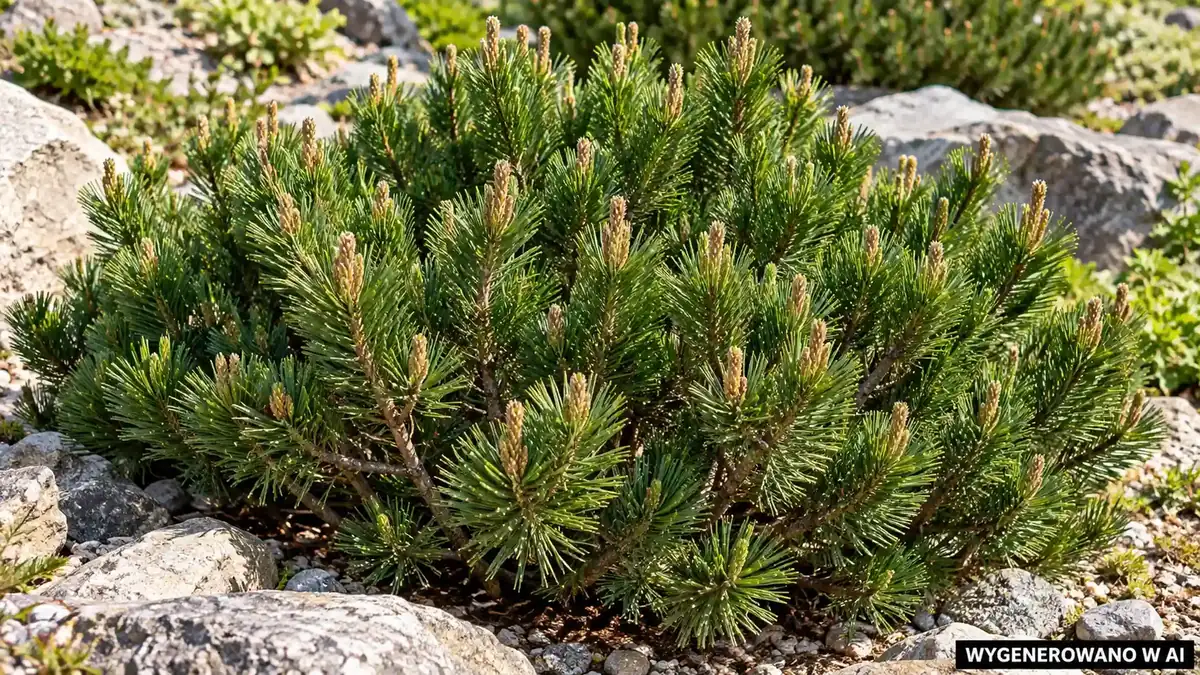 Kosodrzewina. Ilustracja wygenerowana w AI. Kosodrzewina (Pinus mugo) - sadzenie, uprawa, cięcie świeczek i nawożenie