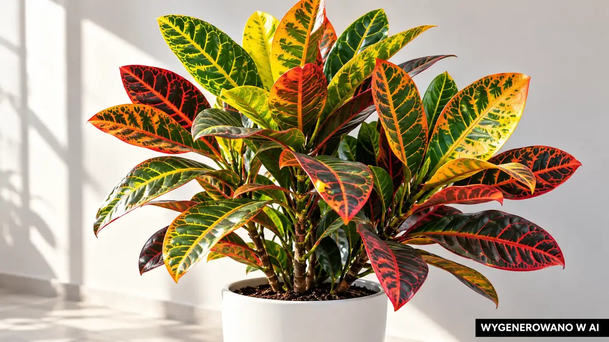 Kroton. Ilustracja wygenerowana w AI. Kroton (Codiaeum variegatum) - pielęgnacja, podlewanie, nawożenie i opadanie liści