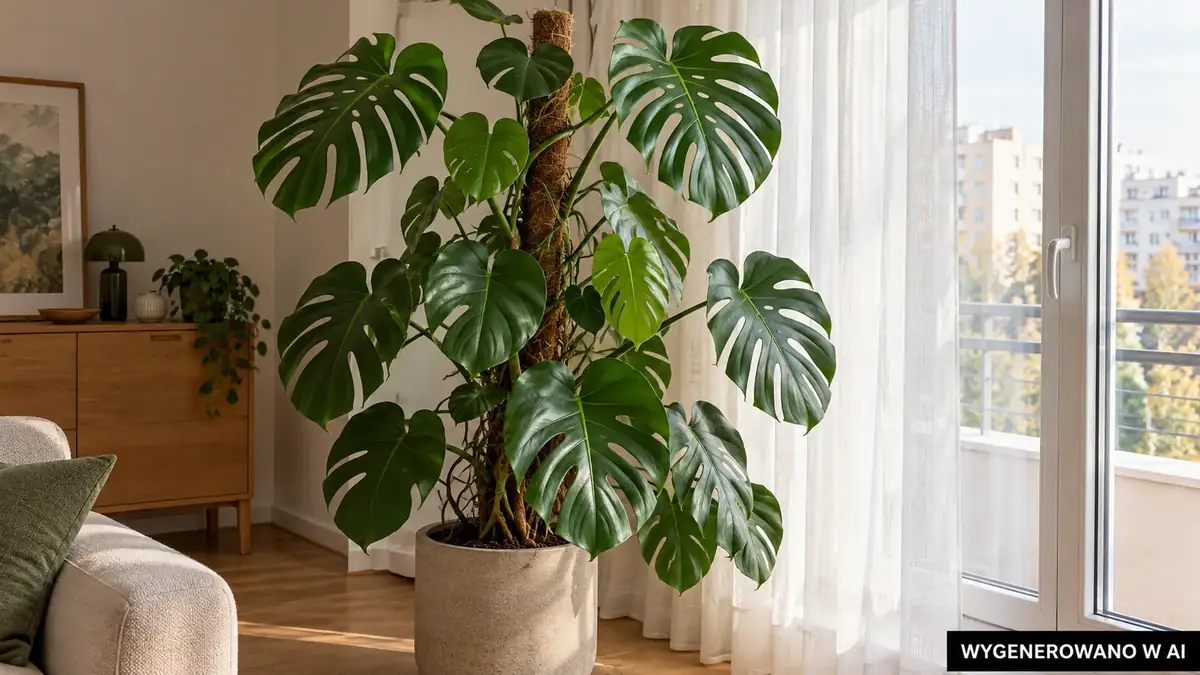 Monstera przy jasnym oknie, prowadzona pionowo na stabilnej podporze. Ilustracja wygenerowana w AI. Monstera przy jasnym oknie, prowadzona pionowo na stabilnej podporze.