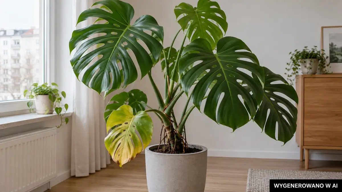 Monstera żółknie zimą od dołu. Jak odróżnić przelanie od innych przyczyn?