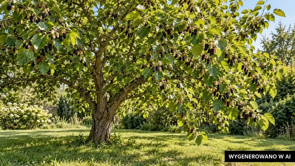 Oszczędne prowadzenie pozwala zachować zdrowe drewno i owocowanie. Ilustracja wygenerowana w AI. Morwa z szeroką, naturalną koroną i miejscem na zbiór pod drzewem