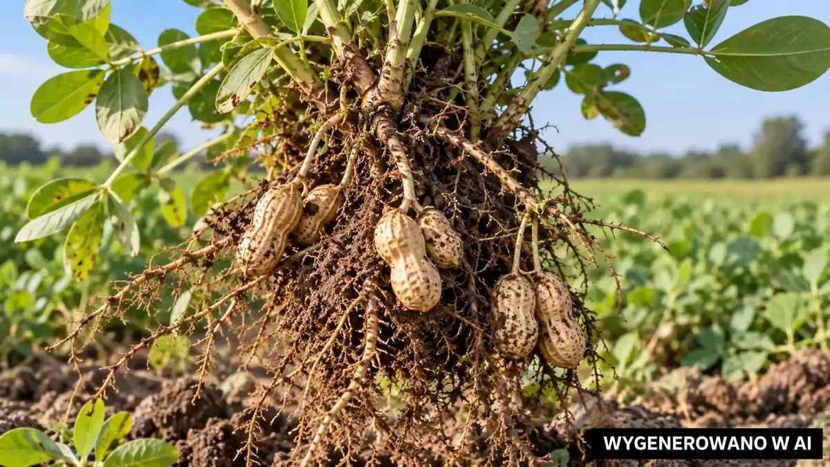 Wykopana roślina orzecha ziemnego ze strąkami przy korzeniach