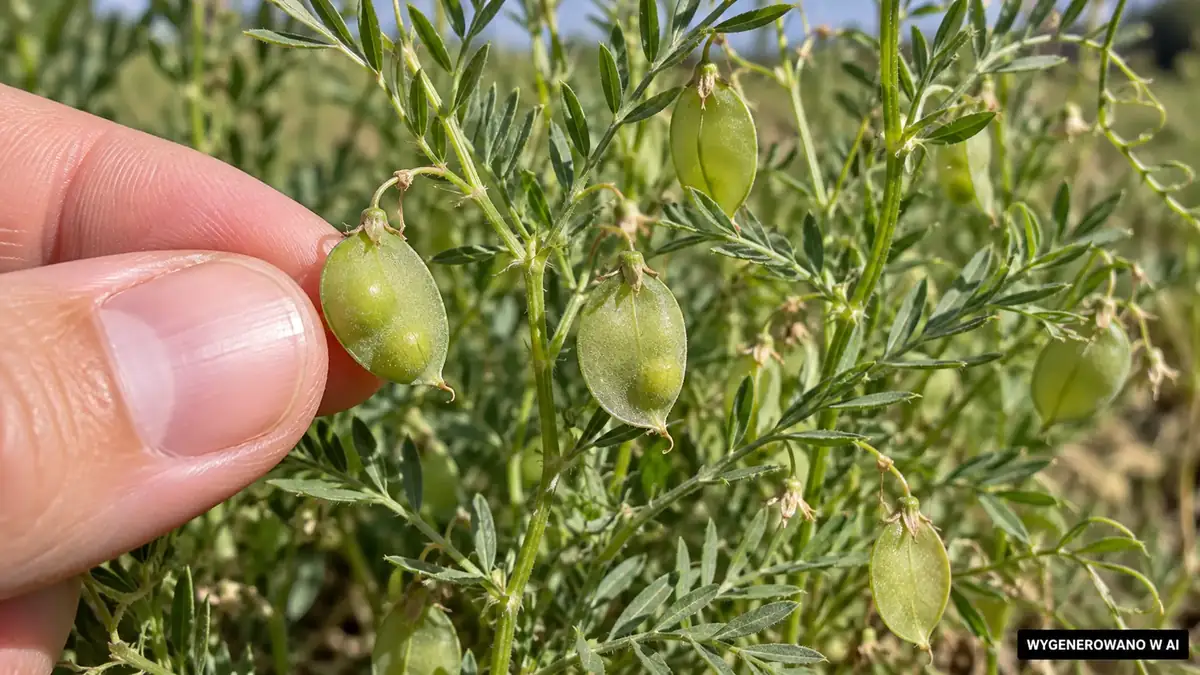 Drobne zielone strąki soczewicy na cienkich pędach, z palcem pokazującym skalę