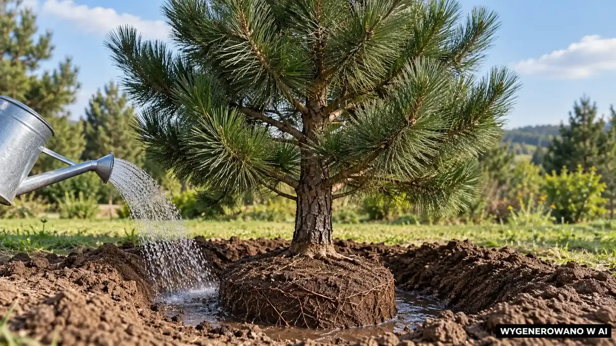 Podlewanie młodej sosny czarnej po posadzeniu bez zasypywania pnia. Ilustracja wygenerowana w AI. Podlewanie młodej sosny czarnej po posadzeniu bez zasypywania pnia.