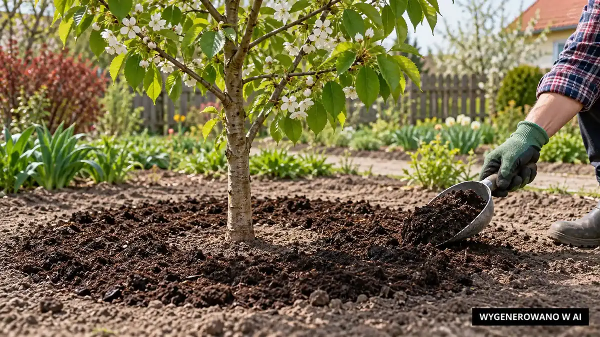 Materia organiczna również wnosi składniki; należy ją uwzględniać razem z nawozami mineralnymi. Ilustracja wygenerowana w AI. Dojrzały kompost rozprowadzany na ziemi wokół młodej wiśni z odstępem od kory