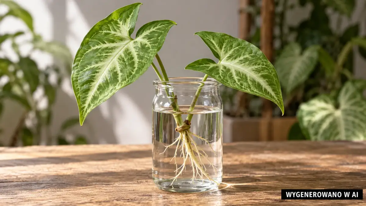 Sadzonka pędowa syngonium z węzłem ukorzeniana w wodzie. Ilustracja wygenerowana w AI. Sadzonka pędowa syngonium z węzłem ukorzeniana w wodzie.