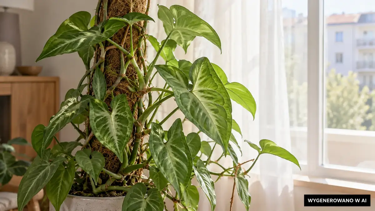 Syngonium przy oknie z delikatnie rozproszonym światłem. Ilustracja wygenerowana w AI. Syngonium przy oknie z delikatnie rozproszonym światłem.