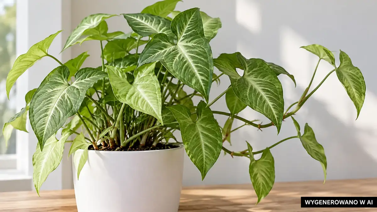 Zroślicha stopowcowa. Ilustracja wygenerowana w AI. Zroślicha stopowcowa (Syngonium podophyllum) - pielęgnacja, podlewanie i nawożenie