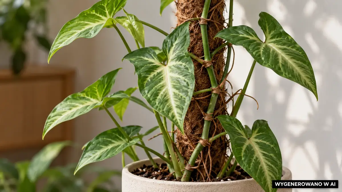 Pęd syngonium prowadzony przy podporze z widocznymi węzłami. Ilustracja wygenerowana w AI. Pęd syngonium prowadzony przy podporze z widocznymi węzłami.